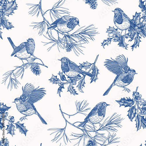 Vintage blue ink seamless pattern with robins, holly, and pine branches. Hand-drawn botanical illustration for Christmas, packaging, textiles, and stationery.