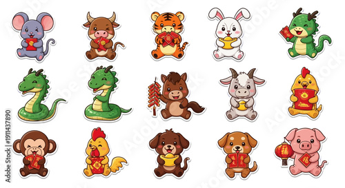 Cartoon zodiac animals holding red packets isolated on white background