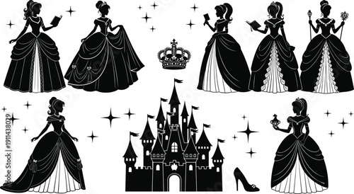 Black silhouette set of princesses a crown a castle and a heel shoe with sparkling stars for a magical fairytale theme