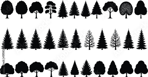 Black tree silhouettes collection, mixed deciduous and conifer tree icons illustration set, isolated forest symbols, minimalist nature graphic design elements