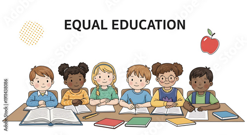 Diverse children sitting at a desk with books and notebooks in a classroom setting for equal education