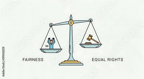 Scales of justice with fairness and equal rights symbols representing balance and equality in law and society