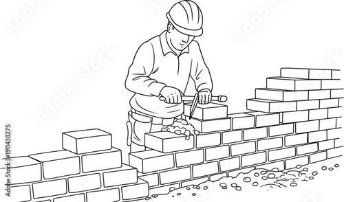 Bricklayer constructing wall with trowel and mortar, professional mason building bricks construction line art illustration scene