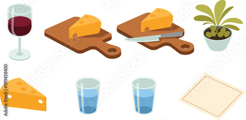 Flat minimalist illustration of cheese slices, wine glass, cutting boards, water glasses, napkin and plant kitchen food icons set
