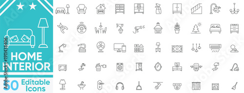 Home Interior icon set.furniture, kitchen, bathroom, household house, decoration and more. Vector and illustrator.