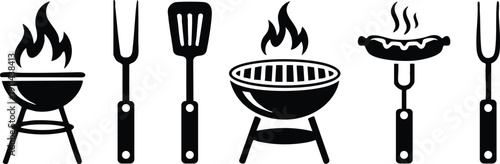 Monochrome Grill and Barbecue Utensils Icon Set, Minimalist Grilling Icons: Spatulas, Forks, and Charcoal Kettles, vector, illustration, silhouette.