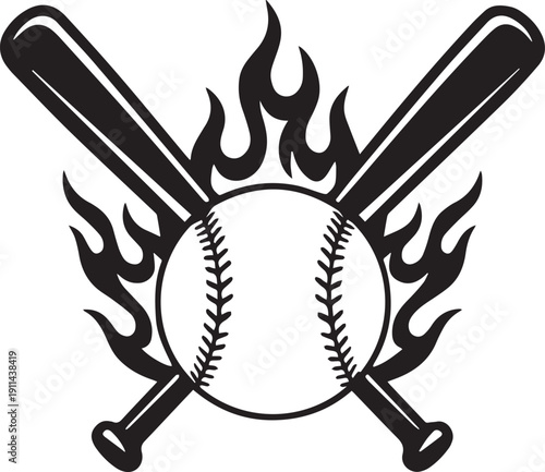 Baseball with Crossed Bats Logo T-Shirt Design Silhouette vector black on a white background