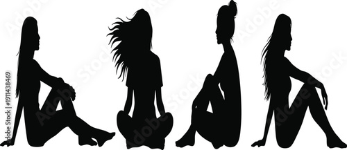 Silhouettes of four women in various seated poses against a white background emphasizing form and posture for artistic and use