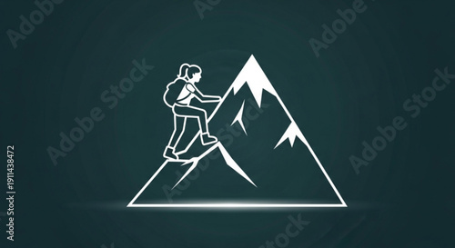 Hiker Climbing Mountain Peak Vector Illustration on Dark Background