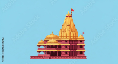 Ram Temple in Ayodhya, India with Golden Dome and Flag Illustration