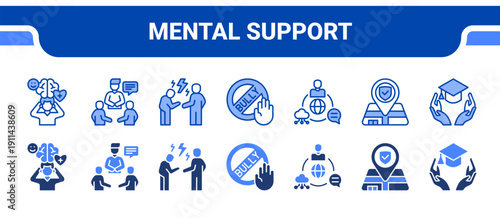 Mental Support Icon Collection,  featuring Mental health, Counseling, Conflict resolution, Bullying, Communication system, Safe zone, Inclusion.