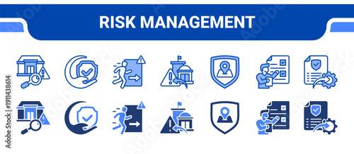 Risk Management Icon Collection,  featuring Risk assessment, Protective measures, Preparedness, Crisis, Safety, Accountability, Policy.
