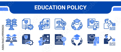 Education Policy Icon Collection,  featuring Education, Policy, Accountability, Equity, Inclusion, Curriculum, Assessment.