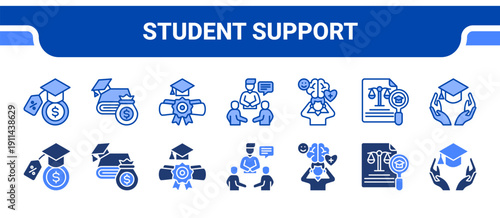 Student Support Icon Collection,  featuring Student loan, Education funding, Scholarship, Counseling, Mental health, Equity, Inclusion.