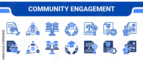 Community Engagement Icon Collection,  featuring Community involvement, Communication system, Education, Inclusion, Equity, Policy, Accountability.