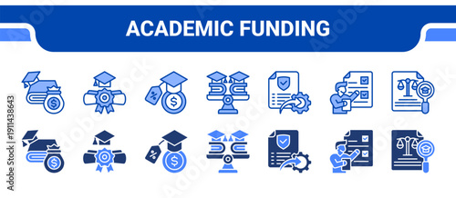 Academic Funding Icon Collection,  featuring Education funding, Scholarship, Student loan, Education, Policy, Accountability, Equity.