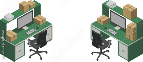 Isometric office workstation illustration featuring modern desk setup with computer storage boxes paperwork organized workspace corporate environment design concept