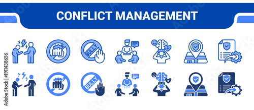 Conflict Management Icon Collection,  featuring Conflict resolution, Violence prevention, Bullying, Counseling, Mental health, Safe zone, Policy.