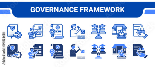 Governance Framework Icon Collection,  featuring Policy, Accountability, Accreditation, Assessment, Education, School, Administration.
