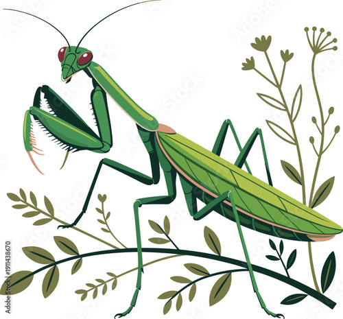 Green praying mantis insect with green leaf vector on white background.