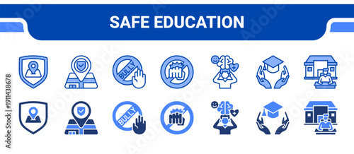 Safe Education Icon Collection,  featuring Safety, Safe zone, Bullying, Violence prevention, Mental health, Inclusion, School.