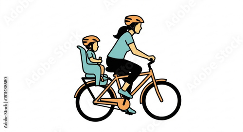 Mother Riding Bicycle with Child in Child Seat