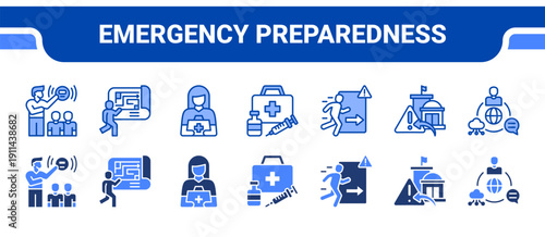 Emergency Preparedness Icon Collection,  featuring Emergency, Evacuation plan, First aid, Emergency kit, Preparedness, Crisis, Communication system.
