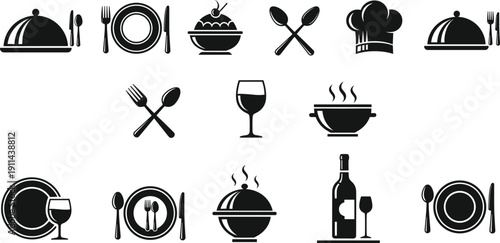 Collection of Restaurant Icons Featuring Dining Set Plate Fork Knife Spoon Wine Glass Chef Hat Food Cloche and Soup Bowl Vectors