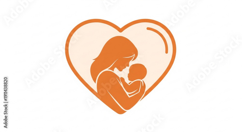 Mother Holding Baby in Heart Shape, Love and Care Illustration, Orange Silhouette on White Background