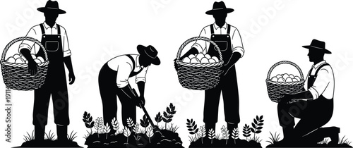 Farmer Silhouette Set Featuring Men in Overalls Carrying Baskets of Harvested Eggs Digging Soil and Planting Crops in Vegetable Garden