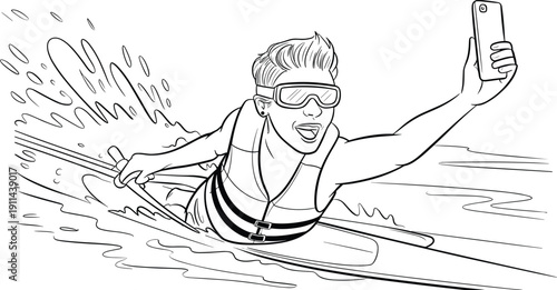 Teen wakeboarding while taking selfie, black and white line art illustration of summer water sport action and fun