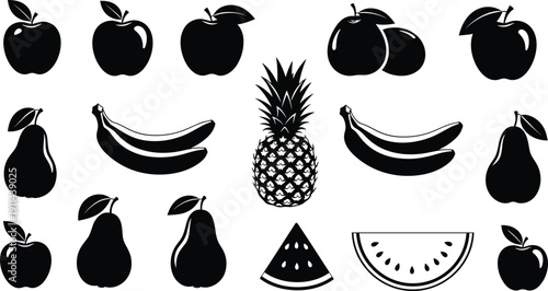 Fresh Fruit Icon Set Featuring Black Silhouettes of Apple Banana Pineapple Pear and Watermelon Slice for Healthy Food Menu Design
