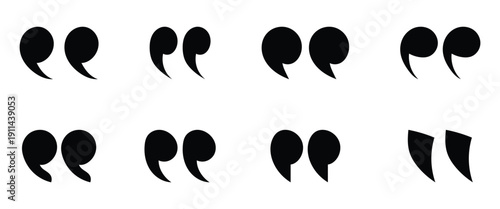 Collection of black quotation marks and brackets in different styles are used to show direct speech dialogue and specific titles of short works like articles or songs.