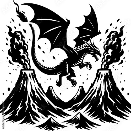 Dragon Soaring Over Volcano: An imposing illustration showcases a majestic dragon soaring triumphantly over erupting volcanoes, a symbol of power and fantasy.