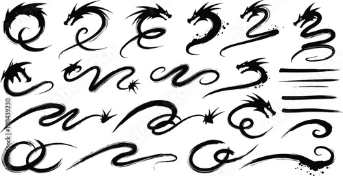 Dragon brush stroke collection featuring hand drawn ink style oriental dragons and abstract swoosh elements isolated on white background vector set