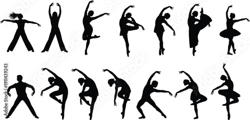 Dance silhouette collection featuring ballet and modern dancers in expressive graceful poses isolated on white background performing arts vector illustration set