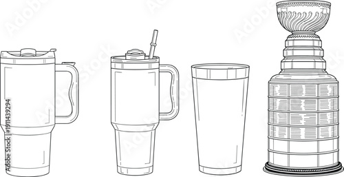 Drinkware and trophy line art collection featuring travel mug tumbler glass cup and championship trophy isolated on white background vector illustration