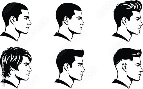 Collection of six diverse male hairstyle silhouettes showcasing modern and classic styles for barbershop or fashion