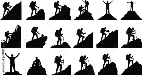 Hiker silhouette collection featuring mountain climbing trekking and reaching summit achievement poses isolated on white background adventure vector illustration set