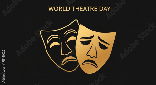 Theatrical masks for comedy and tragedy on world theatre day with black and gold colors