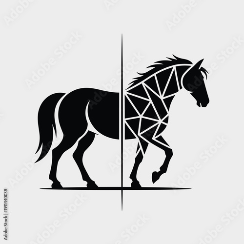 Black and white horse silhouette with geometric pattern on right side de