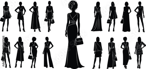 Diverse collection of black female silhouettes showcasing various dresses and fashionable handbags in a studio setting
