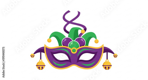 Vibrant purple mardi gras mask with green and gold accents jester's hat and bells on white background for festive celebrations