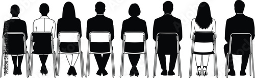 Diverse group of individuals seated in chairs viewed from behind illustrating a waiting room scenario or a panel discussion