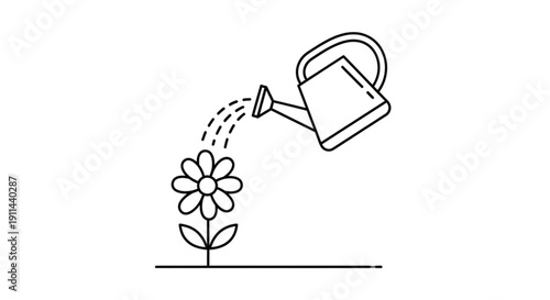 Black line art of a watering can pouring water on a single flower with leaves growing from the ground