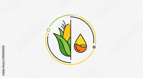 Vibrant illustration of corn and oil droplet in circle with green yellow gradient lines on white background