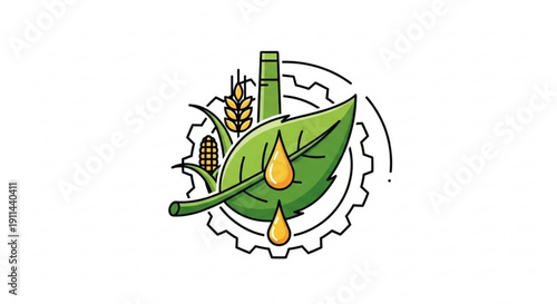 Eco friendly biofuel concept with leaf bamboo wheat and gear on white background for sustainable energy solutions