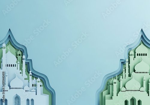 Modern Ramadan Graphic: 3D Layered Mosque Silhouette on Soft Pastel Background