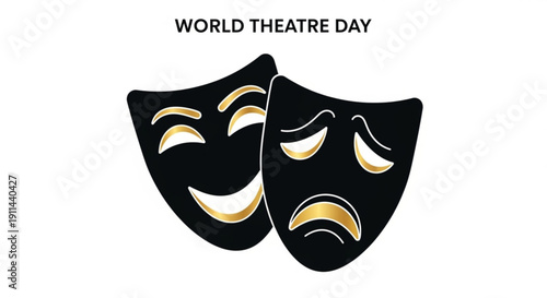 Theatre masks for world theatre day comedy and tragedy faces black with gold accents on white background