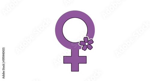 Purple female symbol with flower decoration on white background representing feminism and women's rights